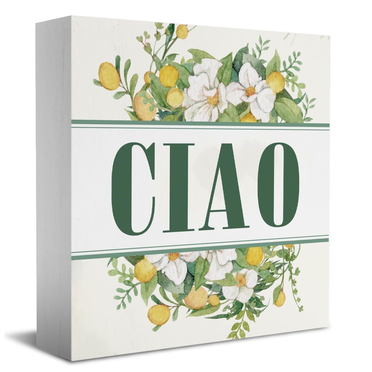 Ciao Sign Italian Hello Welcome Sign Desk Decor Wooden Box Sign Watercolor Hand Drawn Flower Rustic Wood Block Plaque Box Sign for Home Farmhouse Office Kitchen Bathroom Shelf Table Decoration